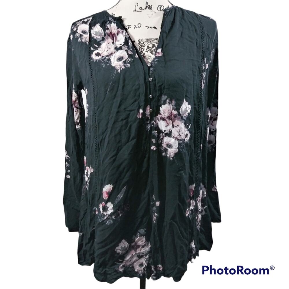 Gentle Fawn Elaine Black White Pink Floral Tunic Blouse S